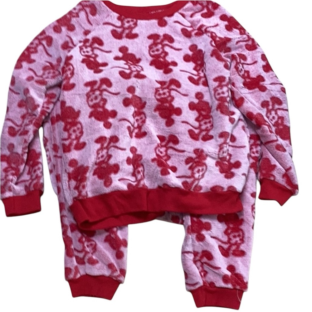 Disney Mickey‎ Mouse Fuzzy Plush Fleece Red Pink PJ Sleep Pajama Set Small